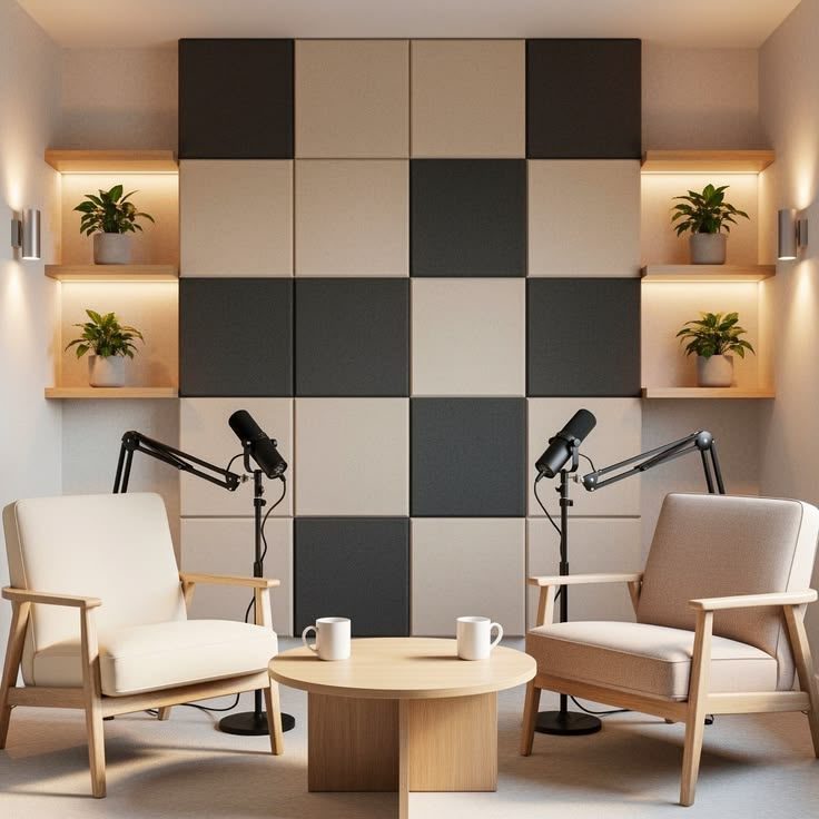 The Acoustic Room — panelled wall, two-chair interview set